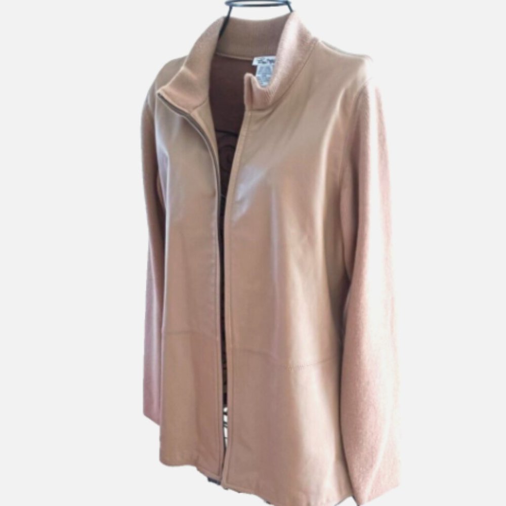 Bird Hill Leather Front Merino Wool Back & Sleeve, 2-way Zipper Jacket M Cognac